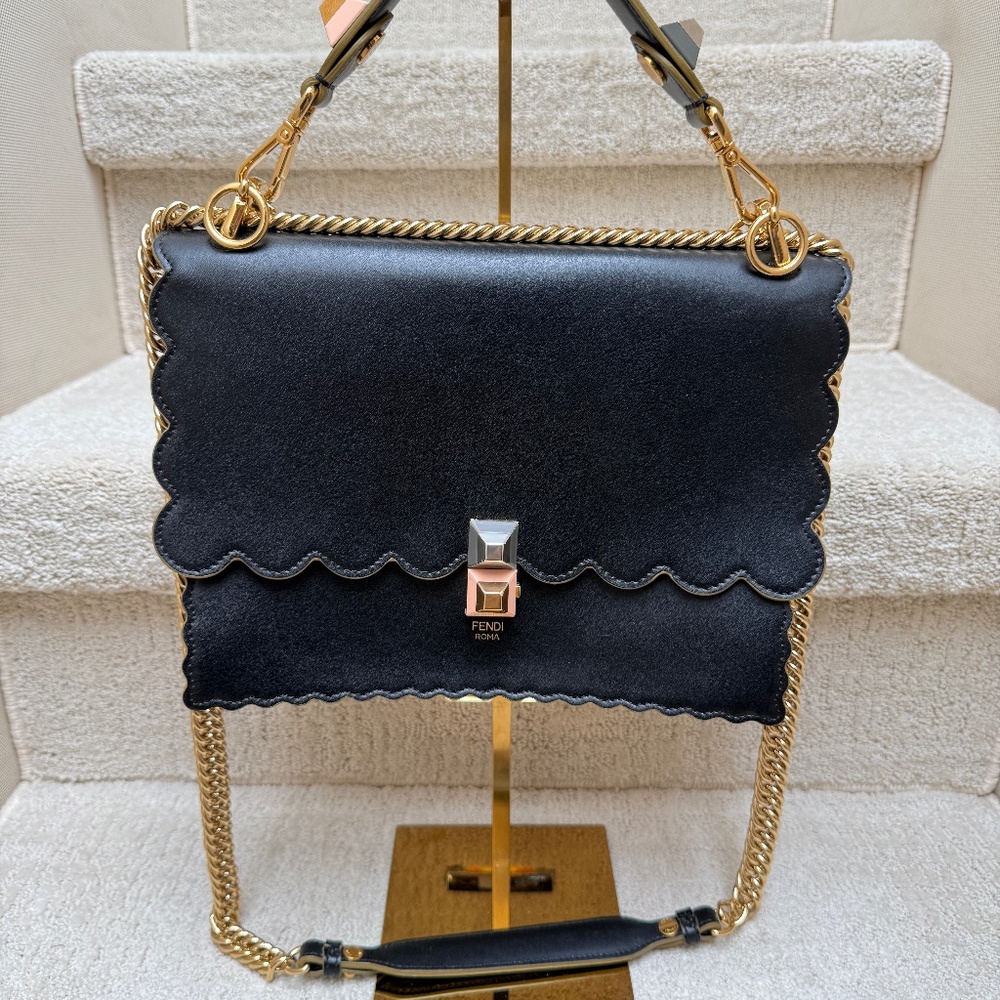 Fendi Vitello Liberty Scalloped Studded Kan I Shoulder Bag Black